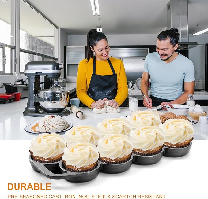 DVK 2 Set Cast Iron Muffin Pan Heavy Duty Cupcake Pan Muffin Tin, Non-Warping Even Heat Distribution for Perfect Cupcakes, Mini Cakes, Tarts, Quiches Ideal for Home Bakers Professional Chefs