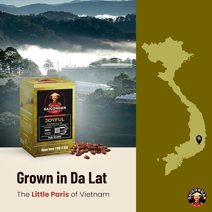 Pour Over Vietnamese Coffee – Saigondan Joyful | Medium Roast | Arabica Bourbon | Instant Specialty Coffee | Small Batch Roasted | Direct Trade | Notes of Orange Blossom | 18 Sachets