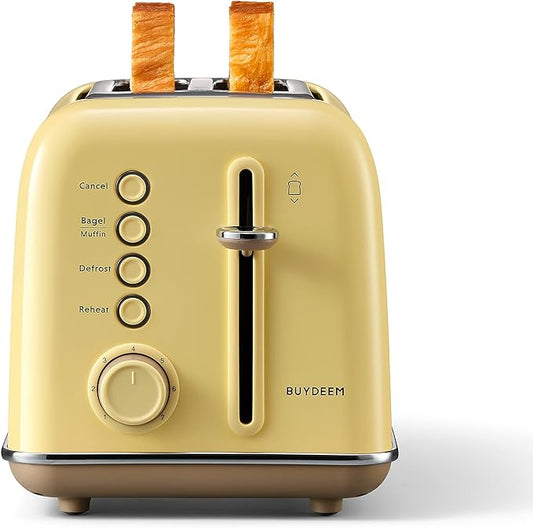 BUYDEEM DT620 2-Slice Toaster, Extra Wide Slots, Retro Stainless Steel with High Lift Lever, Bagel and Muffin Function, Removal Crumb Tray, 7-Shade Settings,Mellow Yellow