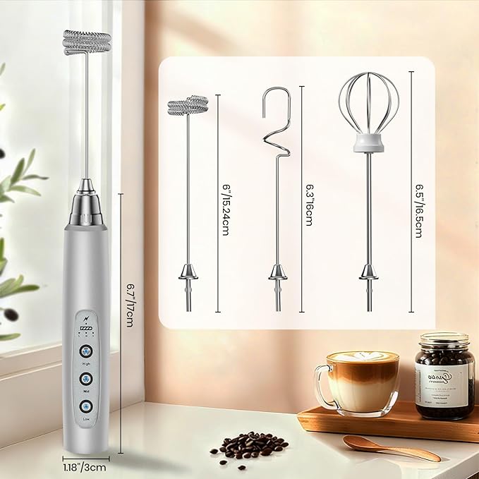 Milk Frother Handheld Rechargeable, Frother Wand Drink Mixer Electric Whisk for Coffee, Detachable With 3 Stainless Whisks, Hand Mixer for Lattes, Cappuccino, Matcha, Egg, No Stand, Silver