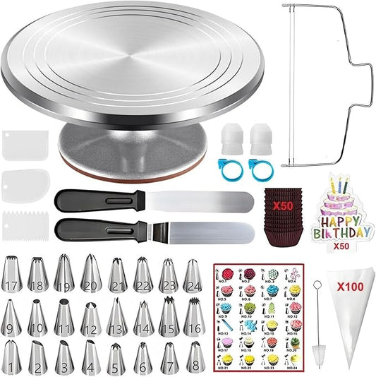 237 Pcs Cake Decorating Kit with Aluminium Alloy Rotating Cake Turntable,Cake Leveler,24 Numbered Icing Tips,2 Coupler,2 Spatulas,3 Comb Scrapers,100 Disposable Pastry Bags