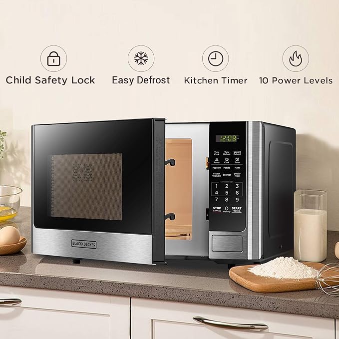 BLACK+DECKER Digital Microwave Oven with Turntable Push-Button Door, Child Safety Lock, Stainless Steel, 0.9 Cu Ft