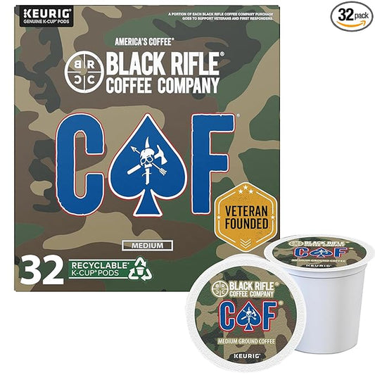 Black Rifle Coffee Company CAF, 32 Count, Medium Roast K Cups - Single Serve K Cups Coffee Pods - Kcup Pods Compatible with Keurig 1.0 & 2.0 - Made from Arabica Beans