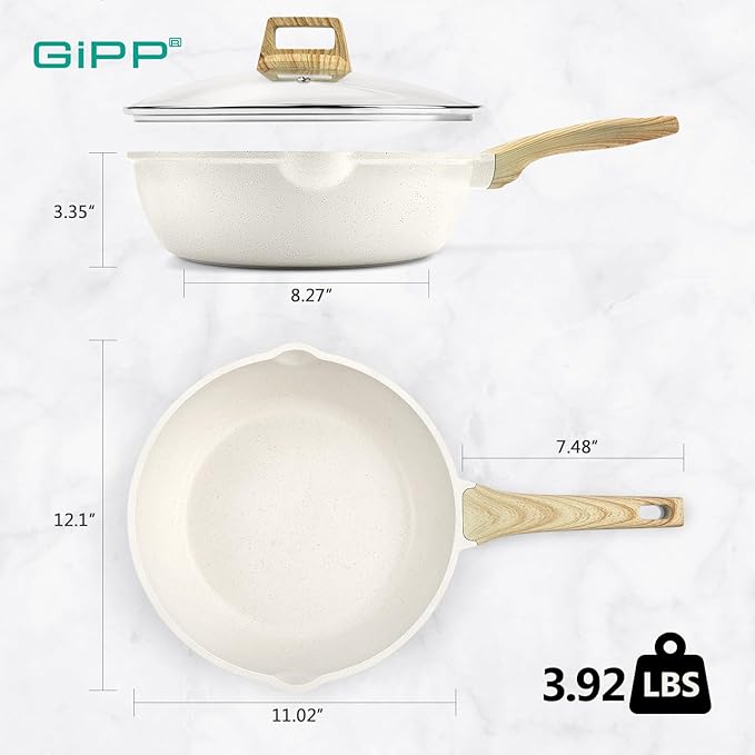 GiPP Nonstick Deep Frying Pan - 11 Inch Saute Pan with Lid Granite Induction Cookware, 4.5Qt Non Stick Woking Pan Skillet, PFOA PFOS APEO Free, White