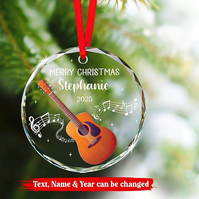 Custom Guitar Musical Instrument Xmas Glass Ornaments, Instrument Christmas Ornament Gifts for Guitarist, Personalized Text & Name Guitar Player Glass Ornaments, Musical Lover Ornament Christmas 2025