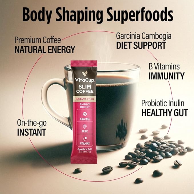 VitaCup Slim Instant Coffee Packets, with Garcinia, Fiber, B Vitamins, Bold & Smooth, Medium Dark Roast, 100% Arabica Coffee in Single Serve Sticks, 24 Ct