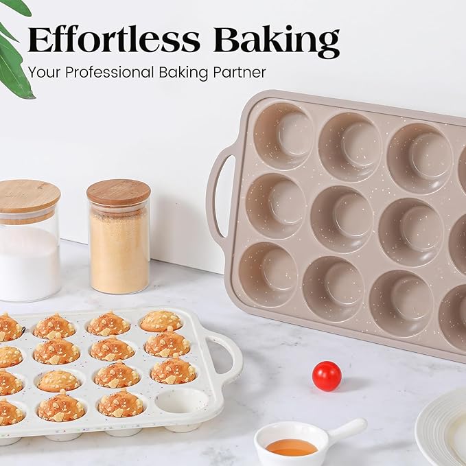 Vinino 2Packs Silicone Muffin Pans for Baking with Metal Reinforced Frame, 12 Cups Regular and 24 Cups Mini Nonstick Cupcake Pan, BPA Free Oven Dishwasher Safe Baking Mold for Muffins Cupcakes