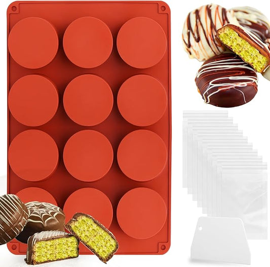 Mity Rain Silicone Chocolate Bar Molds - Round, Fix Pistachio Cream Filling, Dubai Candy Bar Molds with Scraper & Bags (1pc)