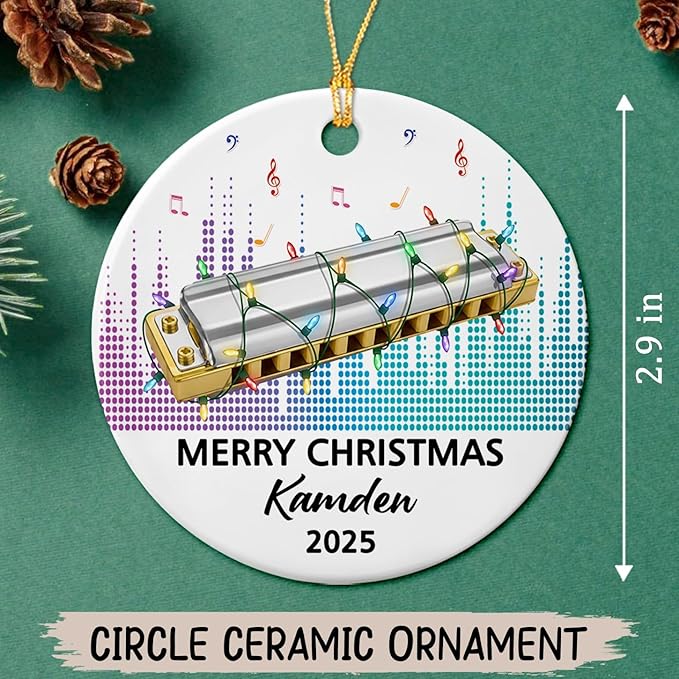 Customized Text Year Name Harmonica Instrument Player Ceramic Ornament, Personalized Harmonica Christmas Ornaments Gift for Harmonicist Women Men Friends Brother Sister, Harmonicas Musical Ornament