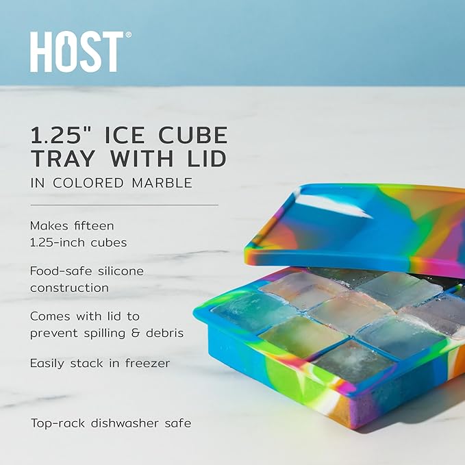 Host Ice Cube Tray with Lid, Makes 15 1.25" Cubes, Durable Silicone Trays, Perfect for Cocktails, Beverages, Mocktails, Iced Coffee, Tea, Infused Water, Kitchen Essentials, Set of 1, Colored Marble