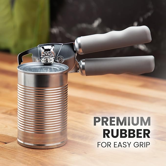 Zulay Kitchen Heavy Duty Stainless Steel Can Opener Manual with Bottle Opener - Rust Proof Manual Can Opener With Turn Knob & Comfy Soft Grip Handles - Light Gray