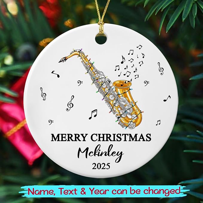 Customized Year Text Name Alto Saxophone Player Ceramic Ornament, Personalized Alto Saxophone Instrument Xmas Ornaments Gift for Women Men Friends Husband Wife, Unique Musical Lover Ceramic Ornament