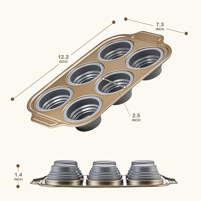 2-Pack Silicone Foldable Muffin Pans With Metal Reinforced Frame Silicone Cupcake Molds Nonstick 6 Cups For Baking, Homemade Muffins, Cupcakes, Egg Bites, Brownies, Puddings