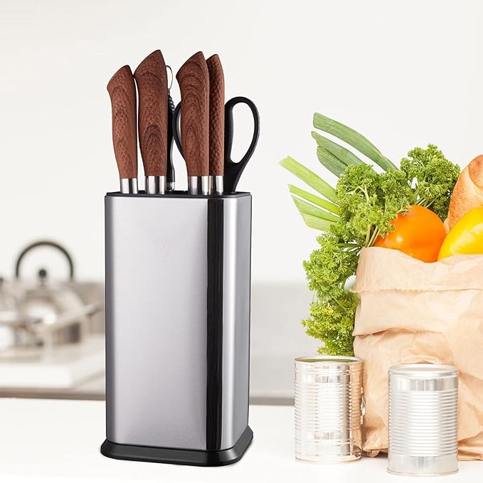 Universal Knife Block Without Knives,Modern Knife Holder for Kitchen Counter,Stainless Steel Knife Organizer with Scissors Slot & Sharpening Rod,Space Saver Rectangular Blocks & Storage - (Silver)