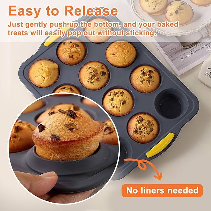 Silicone Muffin Pan for Baking with Metal Reinforced Frame，Foldable Cupcake Pan 12 Cups for Baking Homemade Muffins,Nonstick Cupcake Baking Pan Molds for Oven Dishwasher Safe With Brush and scraper