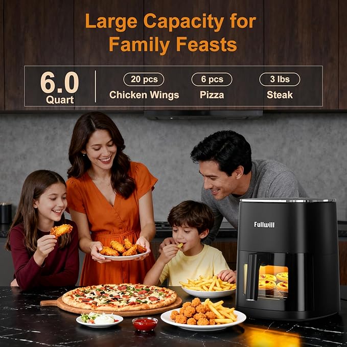 Fullwill Air Fryer with Viewing Window 6QT,5-in-1 Multi-Function(Air Fry,Roast,Bake,Reheat,Dehydrate) plus 7 One-Touch Presets for Wings,Fries,Steak and More,85% Less Oil Cooking for Families
