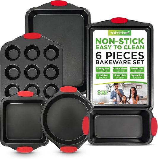 NutriChef 6-Piece Nonstick Bakeware Set - Carbon Steel Baking Pans Set w/ Heatsafe Red Silicone Handles, Oven Safe Up to 450°F, Loaf Muffin Round/Square Pans, Cookie Sheet, Baking Pan -NCSBS6S,Black