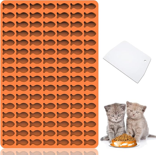 Cat Treat Molds, 112 Cavities Mini Fish Shape Silicone Mold for Baking Pet Treats/Biscuits/Snacks for Cat, Dog or Kids as Awards, Food-Grade Fish Mold for Candy/Chocolate (with a Scraper)