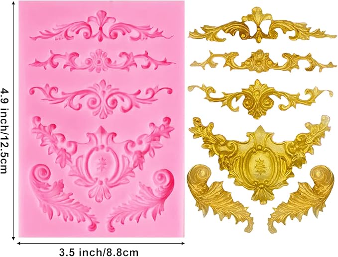 Silicone Fondant Molds, AIMEIKI 3 Pack 3D Baroque Fondant Molds Scroll Border Lace Silicone Molds Curlicues Gum Paste Candy Chocolate Molds for Birthday Wedding Party DIY Cake