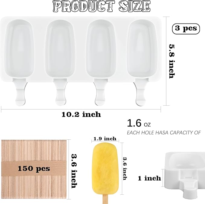 Sakolla Large Silicone Popsicle Molds Set of 3, Oval 4 Cavities Homemade Ice Pop Molds with 150 Wooden Sticks for Ice Cream, Cakesicles, Cake Pop (White)