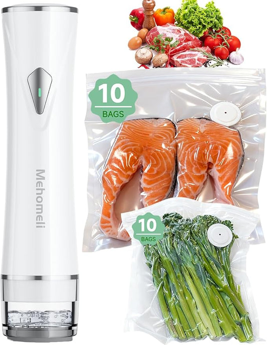 Compact Vacuum Sealer for Food (Vacuum Sealer Machine + 20 Reusable Vacuum Bags), Powerful Handheld Vacuum Sealer Machine, Seal Food 6X Fresh Longer, Portable & Wireless, Easy-Clean