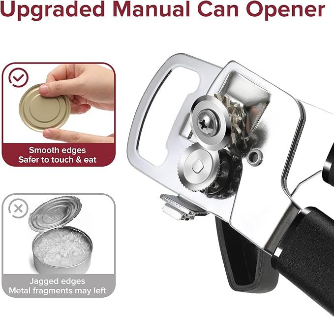 Can Opener Manual 2-in-1 with Magnet, Hand Held Can Openers with Stainless Steel Sharp Blade (Smooth Cut), Large Effortless Turn Knob, Non-Slip Soft Rubber Handle, Built-Bottle Openers, Black