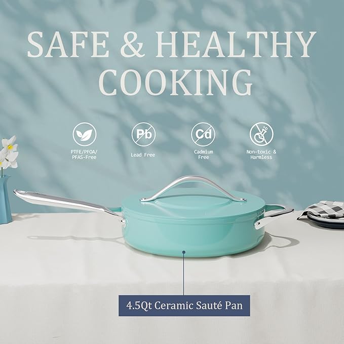Nonstick Ceramic Sauté Pan with Lid (4.5 qt, 11") Deep Frying Pan for All Cooktops, Non Toxic Skillet PTFE/PFAS Free, Oven Safe up to 500°F w/ Stainless Steel Stay-Cool Handle, Caribbean Blue