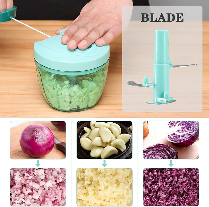 Cambom Manual Food Chopper Vegetable Cutter, Hand String Vegetable Chopper Onions Cutter for Vegetable Fruits Nuts BPA Free Food Safe Material, 650ml Blue
