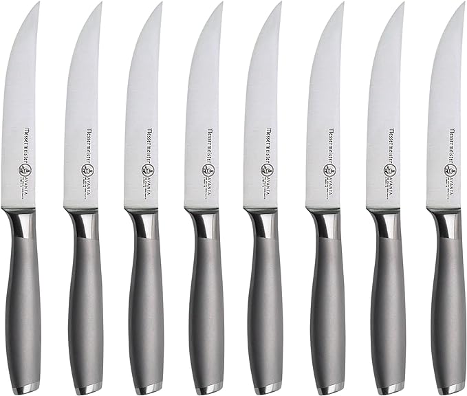 Messermeister Avanta Forged 5” Fine Edge Steak Knife Set - Pack of 2 - German X50 Stainless Steel - Rust Resistant & Easy to Maintain - 8 Steak Knives Total