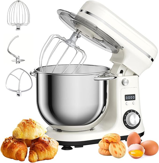 Biolomix Kitchen Electric Stand Mixer, 6 Speed Tilt Head Food Mixer with 6.5 QT Stainless Steel Bowl, Dough Hook, Flat Beater, Whisk and Anti Splash Cover, (6.5QT, White)