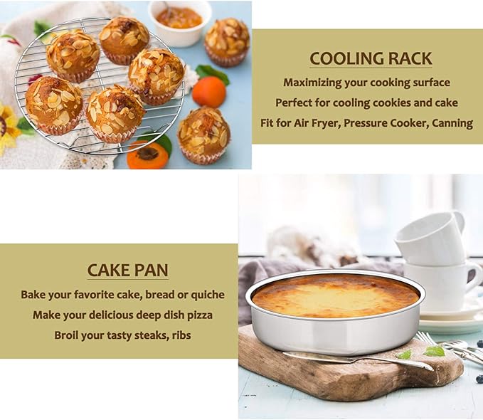 E-far Round Cake Pan with Rack Set, 9½-inch Stainless Steel Cake Pans and Baking Cooling Racks, Non Toxic & Healthy, Mirror Polished & Dishwasher Safe - 4 Pieces (2 Pans + 2 Racks)