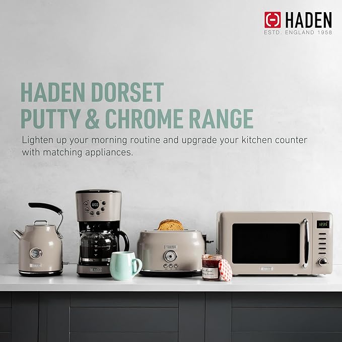 Haden Dorset 4 Slice Wide Slot Stainless Steel Toaster Bundled with 1.7 Liter Stainless Steel Electric Kettle with 360-Degree Base, Putty & Chrome
