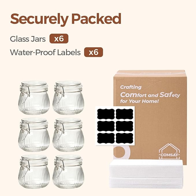 ComSaf Airtight Glass jar with lid 17oz, Glass Storage Containers with Lids, Small Canister, Mason Jars, Minimalist Jar for Kitchen Canning, Overnight Oats, Pickle, Spice, Set of 6