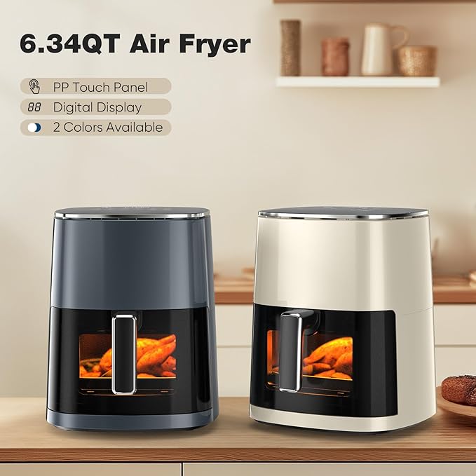 Sweetcrispy Air Fryer 6QT with Window, Square Airfryer Oven 12-in-1 for Family, 400°F Rapid Air Crispy Technology, Roast Bake Dehydrate, Nonstick & Easy-Clean Basket,Grey