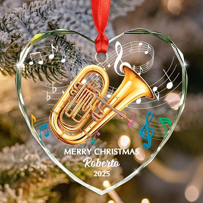 Personalized Year Text Name Tuba Instrument Glass Xmas Tree Ornament, Customized Tuba Lover Keepsake Ornaments Gift for Tubaist Daughter Son Husband Wife, Awesome Tubas Musical Instrument Ornament