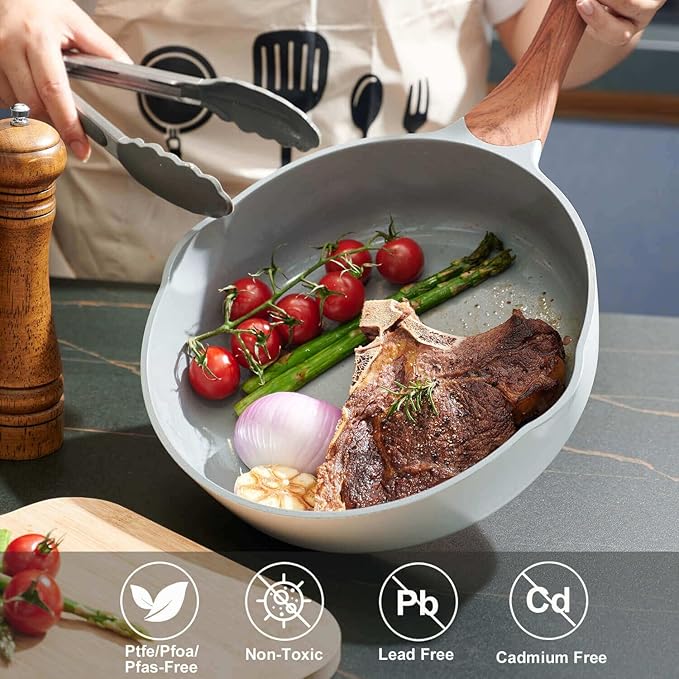 Nonstick Ceramic Frying Pan With Lid, 10 Inches Deep Frying Pan Non Stick Skillet With Pour Spout, Non Toxic Cookware for Stove, Induction, Gas, PB/CD/PFOA Free (White,10 Inches)