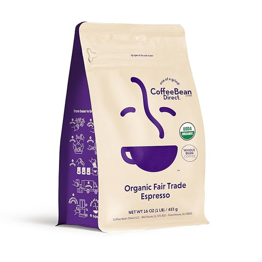 Coffee Bean Direct Organic Fair Trade Espresso Blend, Whole Bean Coffee, Dark Roast, 1 Pound Bag (Pack of 1)