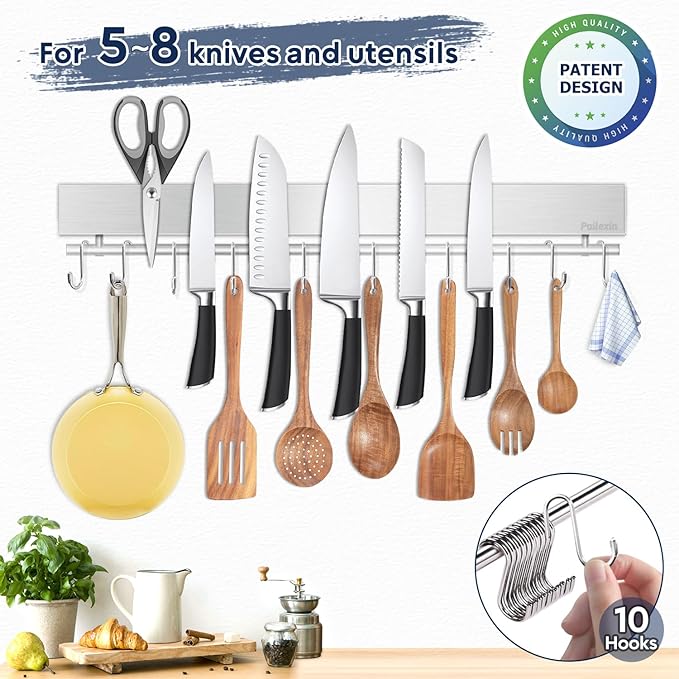 17 inch Magnetic Knife Holder with 10 Hooks, No Drilling Wall Mount, Powerful Magnet Rack