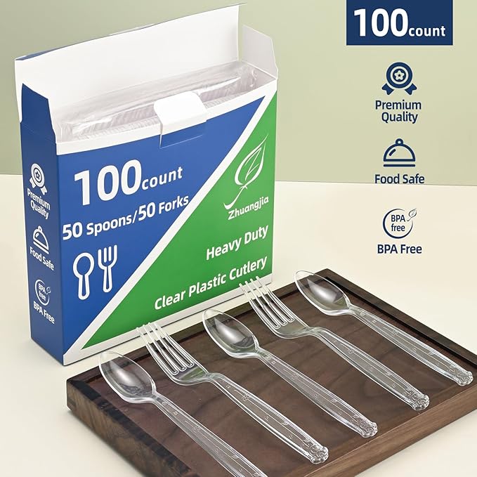 100 Count Plastic Silverware Heavy Duty 50Forks50Spoons | Shatterproof BPA-Free Disposable Cutlery Heat Resistant Disposable Plastic Utensils for Catering & Events, Party Supplies