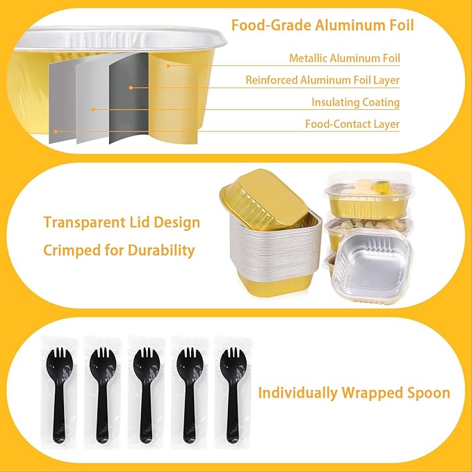 FORBFAN 150 Pack Mini Cake Pans with Lids and Spoons, 8 oz Aluminium Foil Square Brownie Baking Cups, Disposable Ramekins Cupcake Tins Gold