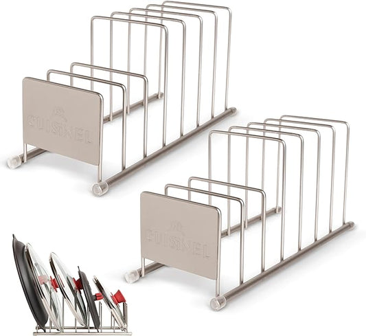 Cuisinel Lid and Dish Organizer Rack - 2-Pack Satin Nickel Kitchen Storage Organization Stand - Plate Holder, Pan/Pot Covers, Cutting Board and Cookie Sheet Divider - 7-Tier Cabinet/Counter Display
