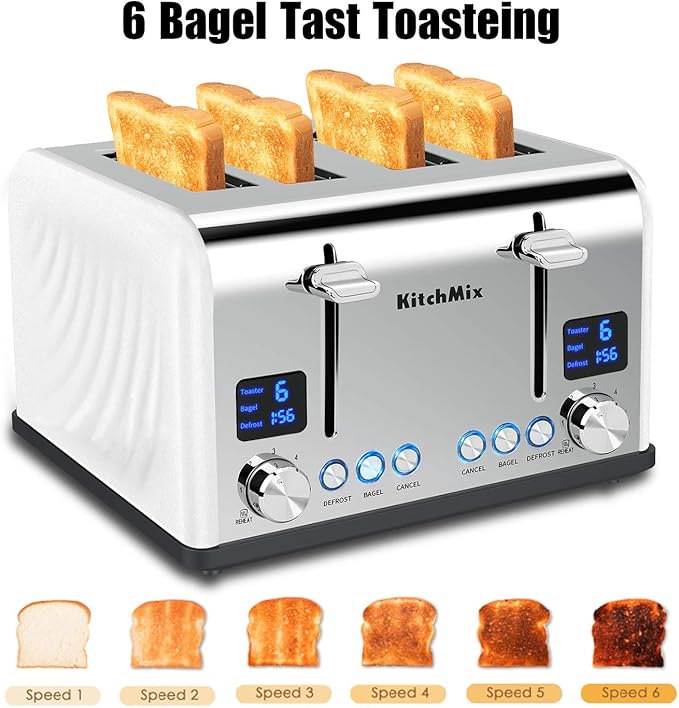 Toaster 4 Slice, KitchMix Bagel Stainless Toaster with LCD Timer, Extra Wide Slots, Dual Screen, Removal Crumb Tray (White)
