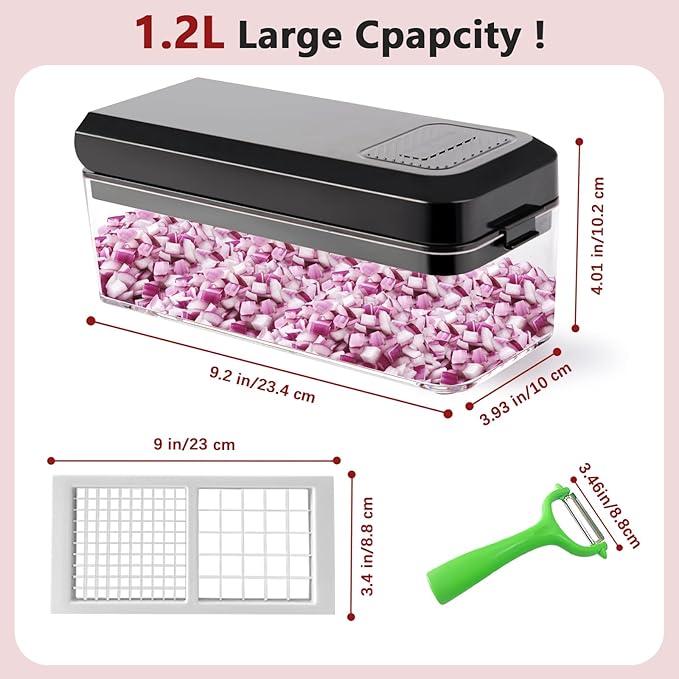 Vegetable Chopper, Onion Chopper Dicer, Mandoline Slicer, Food Chopper with Container, Vegetable Cutter for Salad Potato Carrot Garlic（2 Blades, Black White）