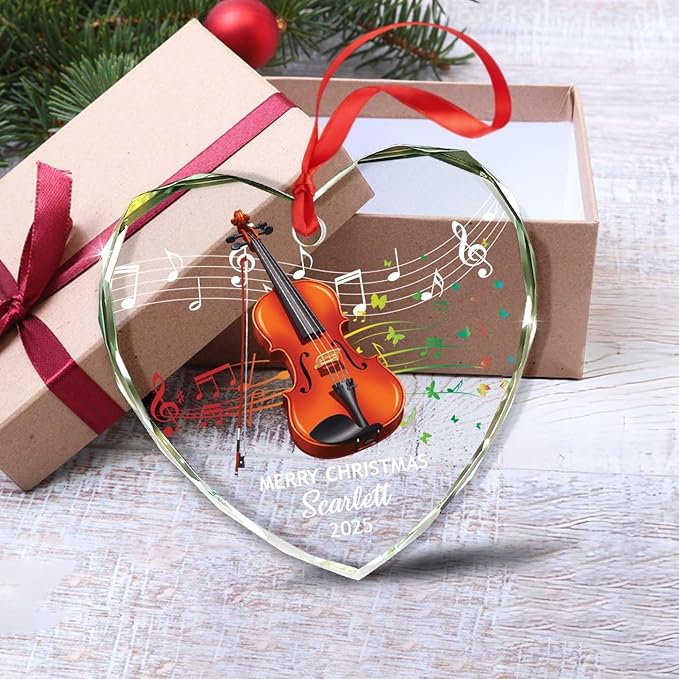 Customized Yeat Text Name Violinist Ornament Xmas Tree, Unique Violin Instrument Christmas Ornaments Gift for Brother Son Husband Wife Dad Mom, Personalized Violin Musical Instrument Glass Ornament