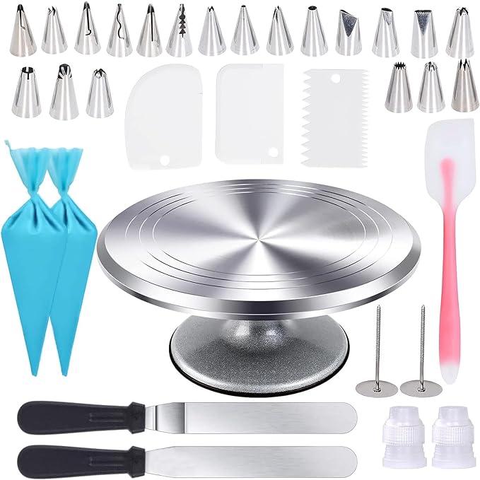 Uten 12 Inch Cake Turntable Cake Decorating Supplies Kit, 33 pcs Rotating Aluminium Cake Stand Set, Baking Tools with 20 Icing Tips, Bags, 3 Icing Smoother, Straight & Offset Spatula, Silicone Spatula