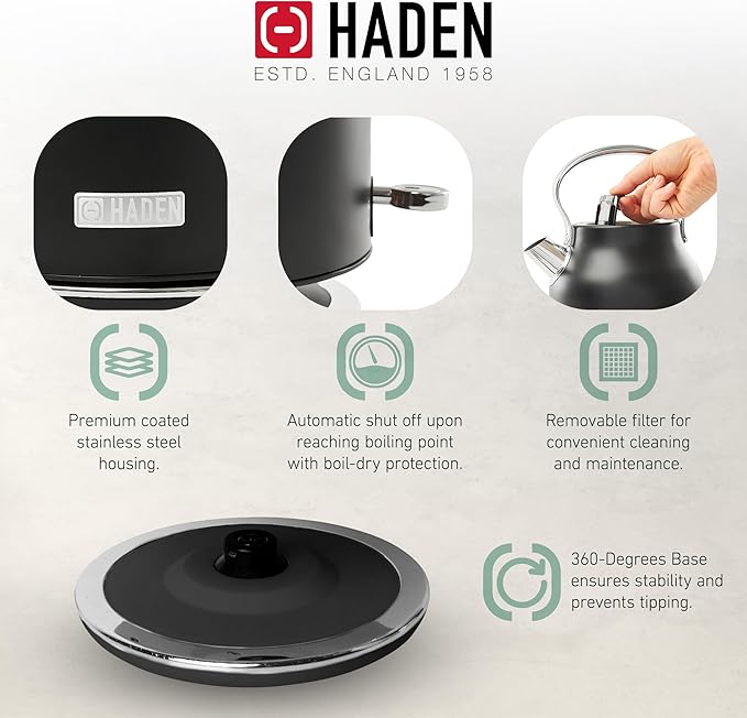 HADEN Coffee Machine, 12 Cup Drip Coffee Maker Bundled with Heritage 1.7 Liter Stainless Steel Electric Kettle, Black & Chrome