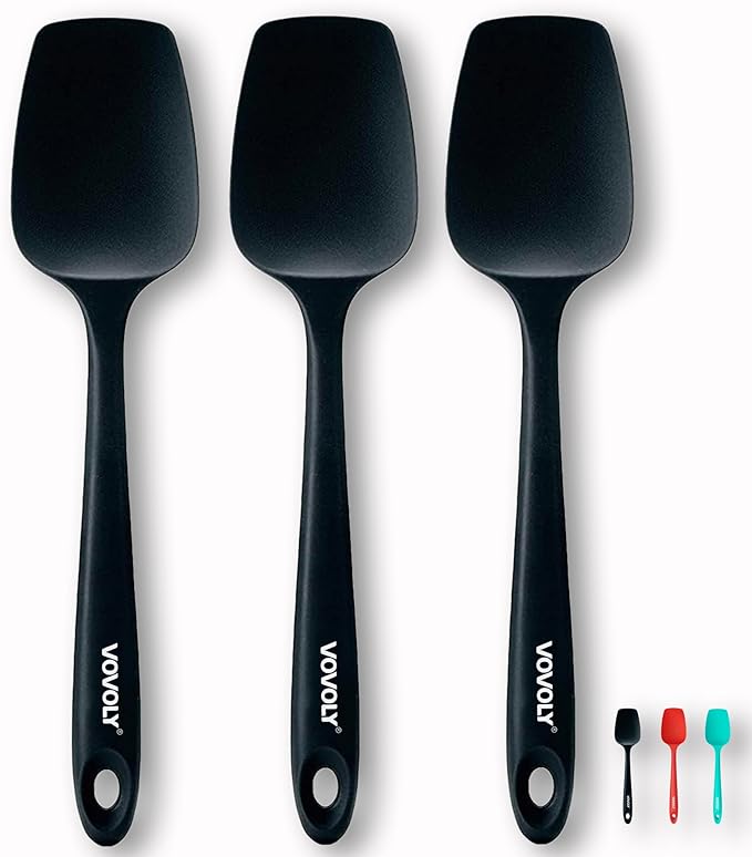 Silicone Spatula Set, High Heat Resistan Rubber Spoon Spatula, Non-Stick Spoonula with Seamless One Piece Design, Flexible Scrapers Baking Mixing Tool,3 Pack, Black