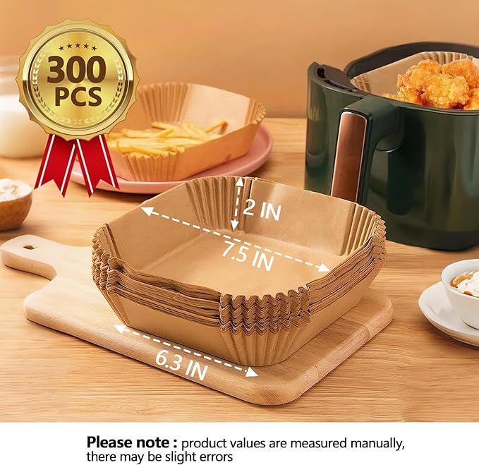 7.5 Inch Air Fryer Liner Disposable, 300Pcs Air Fryer Paper Liners, Oil-Proof & High-Temperature Resistant Parchment Baking Paper for Air Fryer, Microwave and Oven（Bottom Is 6.3 Inch）