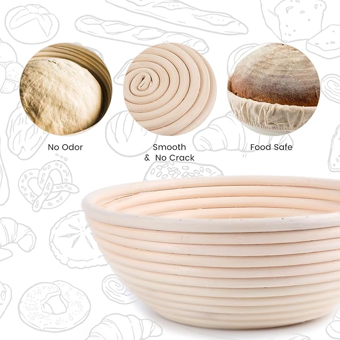 Bread Proofing Baskets Set of 2, 10 inch Oval & 8.5 inch Round Dough Proofing Bowls w/Liners Perfect for Sourdough Bread Baking, Bakers Baking, Gifts for Bakers, Bread Making Kit