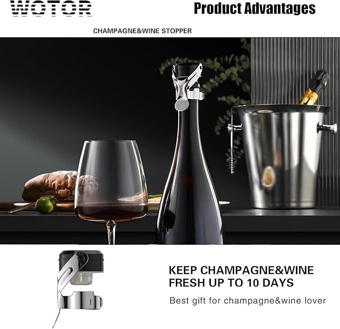 WOTOR Champagne&Wine Bottle Stoppers Stainless Steel with Food Grade Silicone, Leak Proof Keep Fresh Reusable Saver, Cork Suitable for Wine, Champagne, Cava, Prosecco and Sparkling (12 Pack Silver）